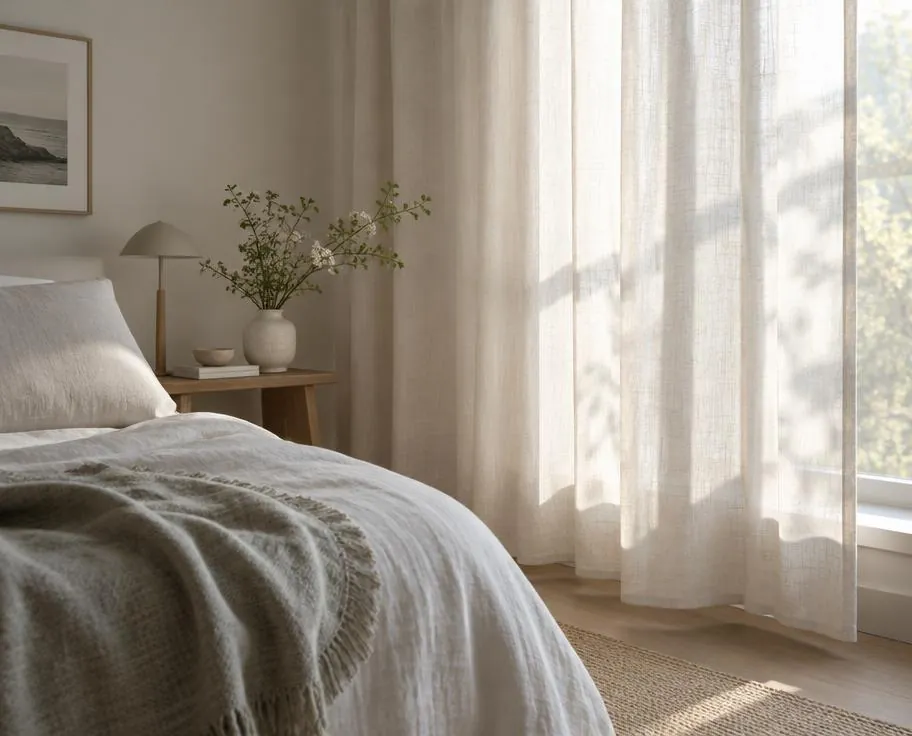 Mjukt morgonljus genom ljusa linnegardiner