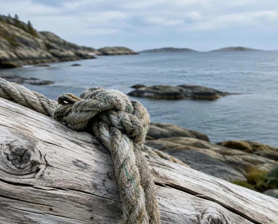 Ett väderbitet rep på drivved vid havet